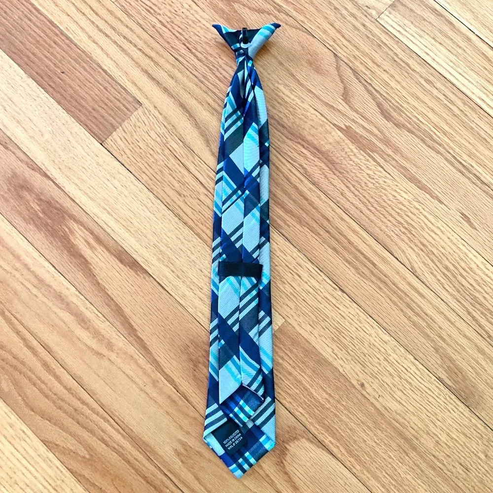 Boy’s blue, gray, and teal plaid clip on tie